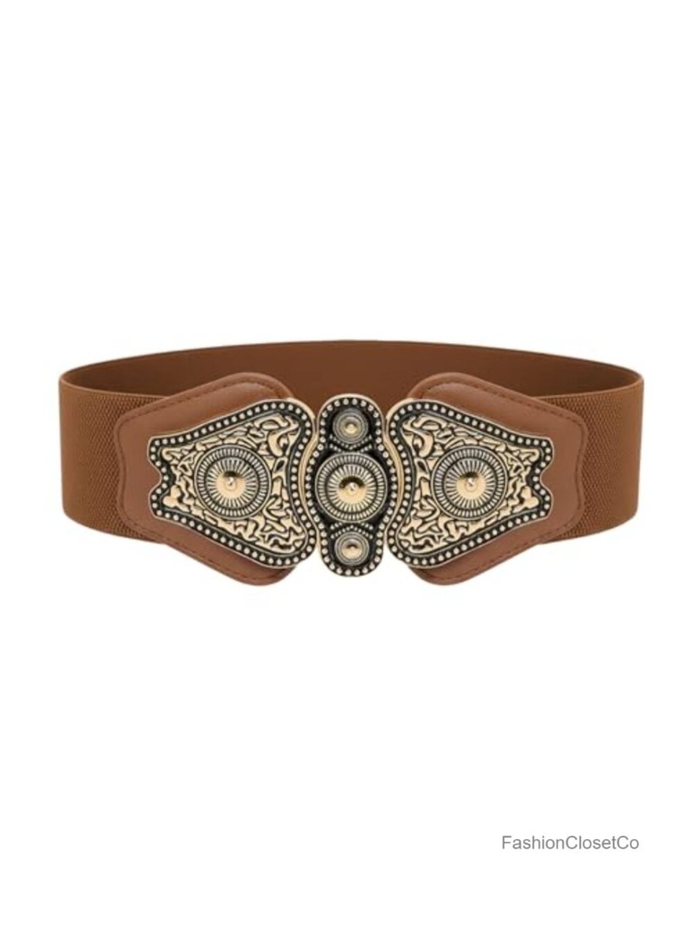Antique Gold Filigree Buckle Waist Belt - Wide Elastic, Faux Leather